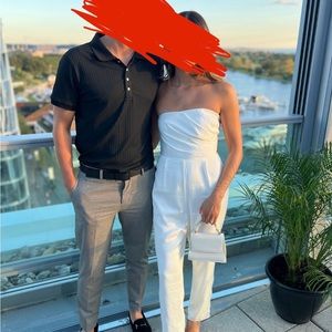 White strapless jumpsuit with detachable bow